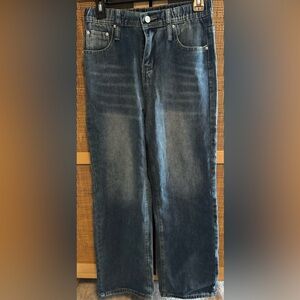 New, M, “Pajama” jeans. Low-medium rise, but runs a bit small in the waist.